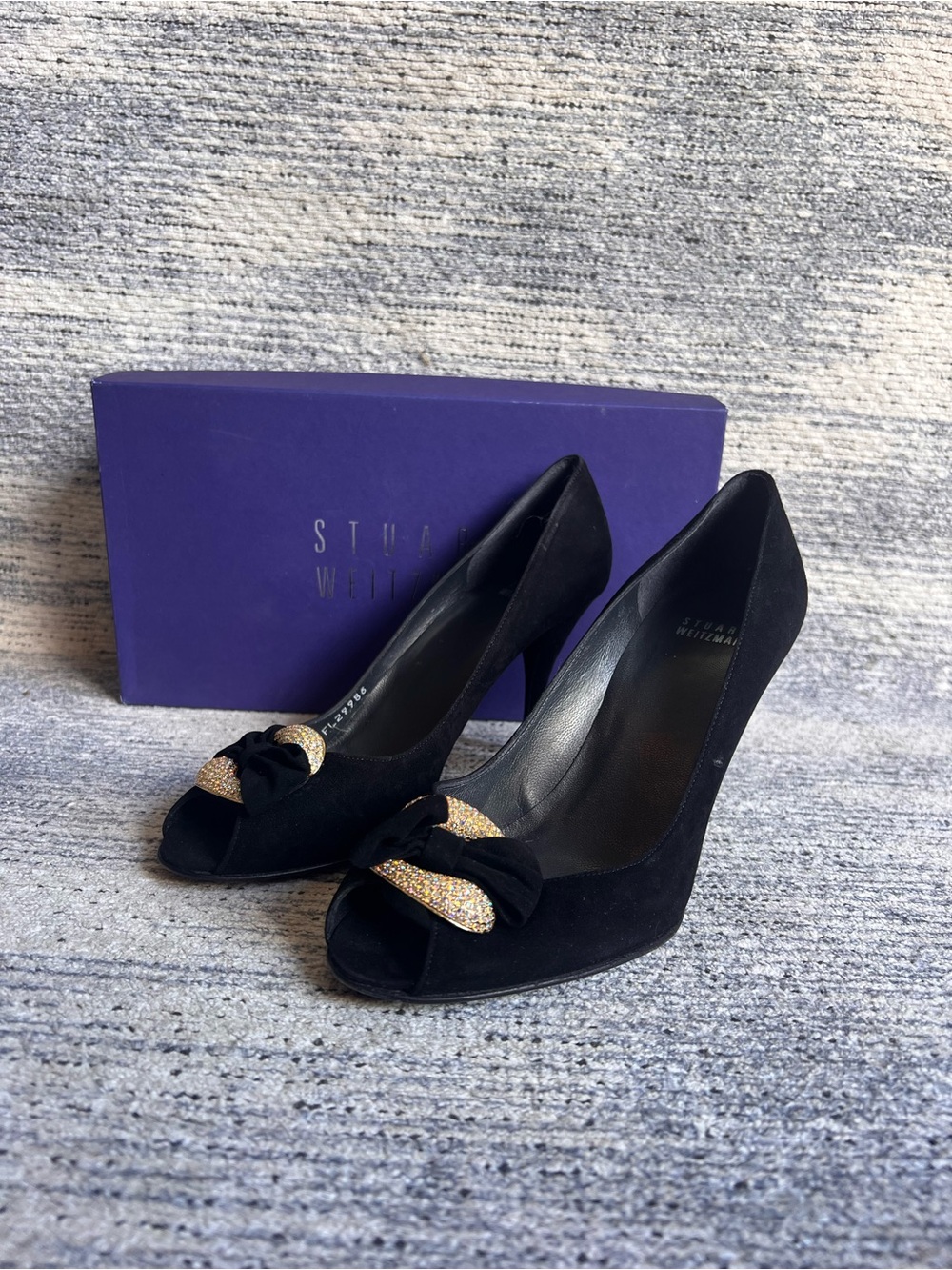 Stuart Weitzman Black Suede Peep Toe Heels Gold Glitter Bow Pumps